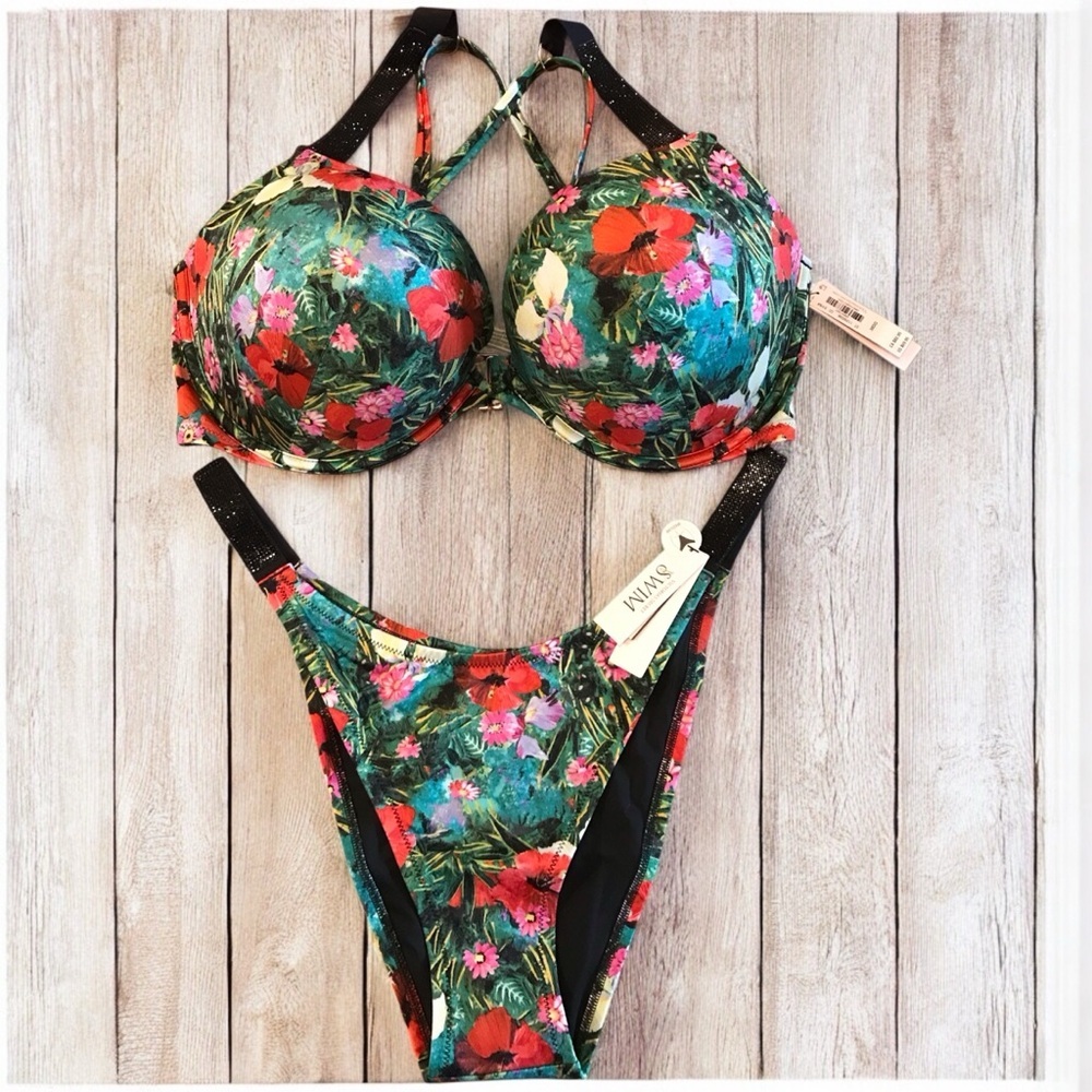 Victoria Secret 38DD Floral Bombshell Push Up‎ Bikini Set Shine Strap XL Bottoms